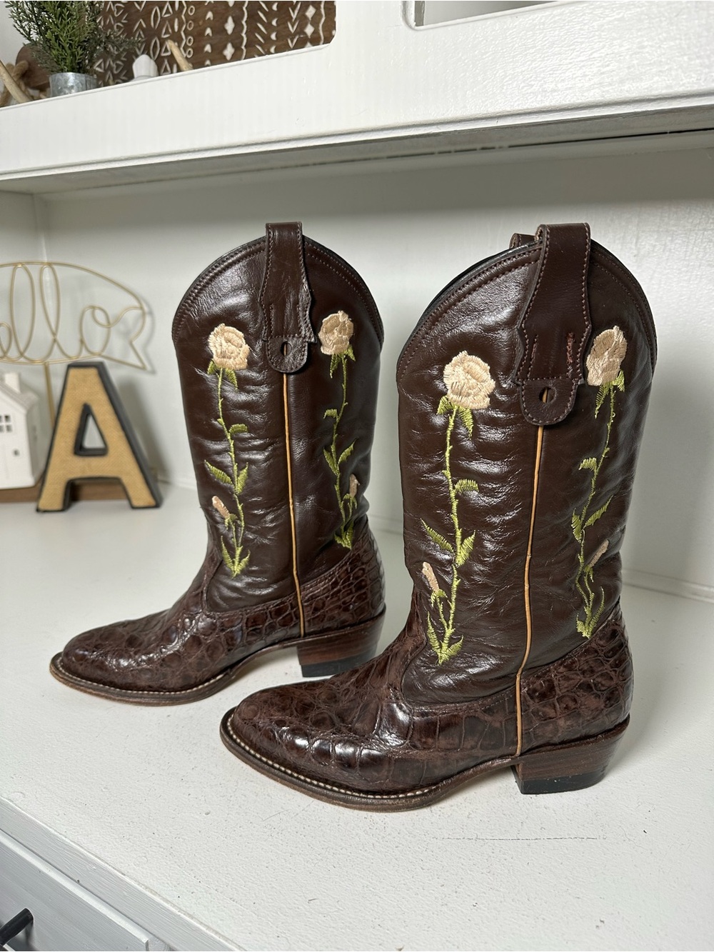 Vintage Floral Cowboy Boots Womens 6 Blue/Navy Leather Rose Embroidered Western